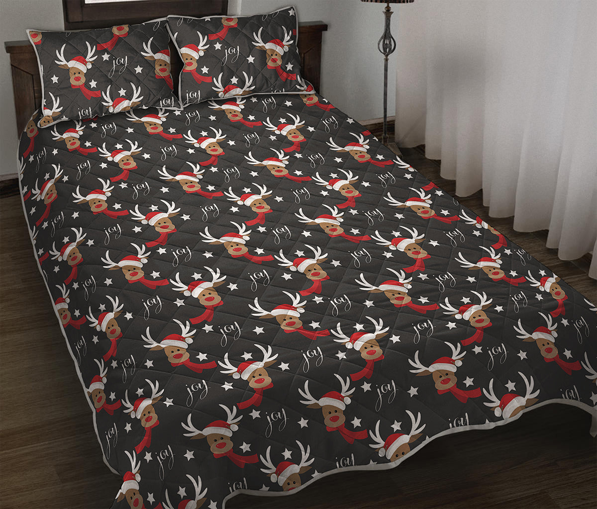 Santa Claus Deer Pattern Print Quilt Bed Set
