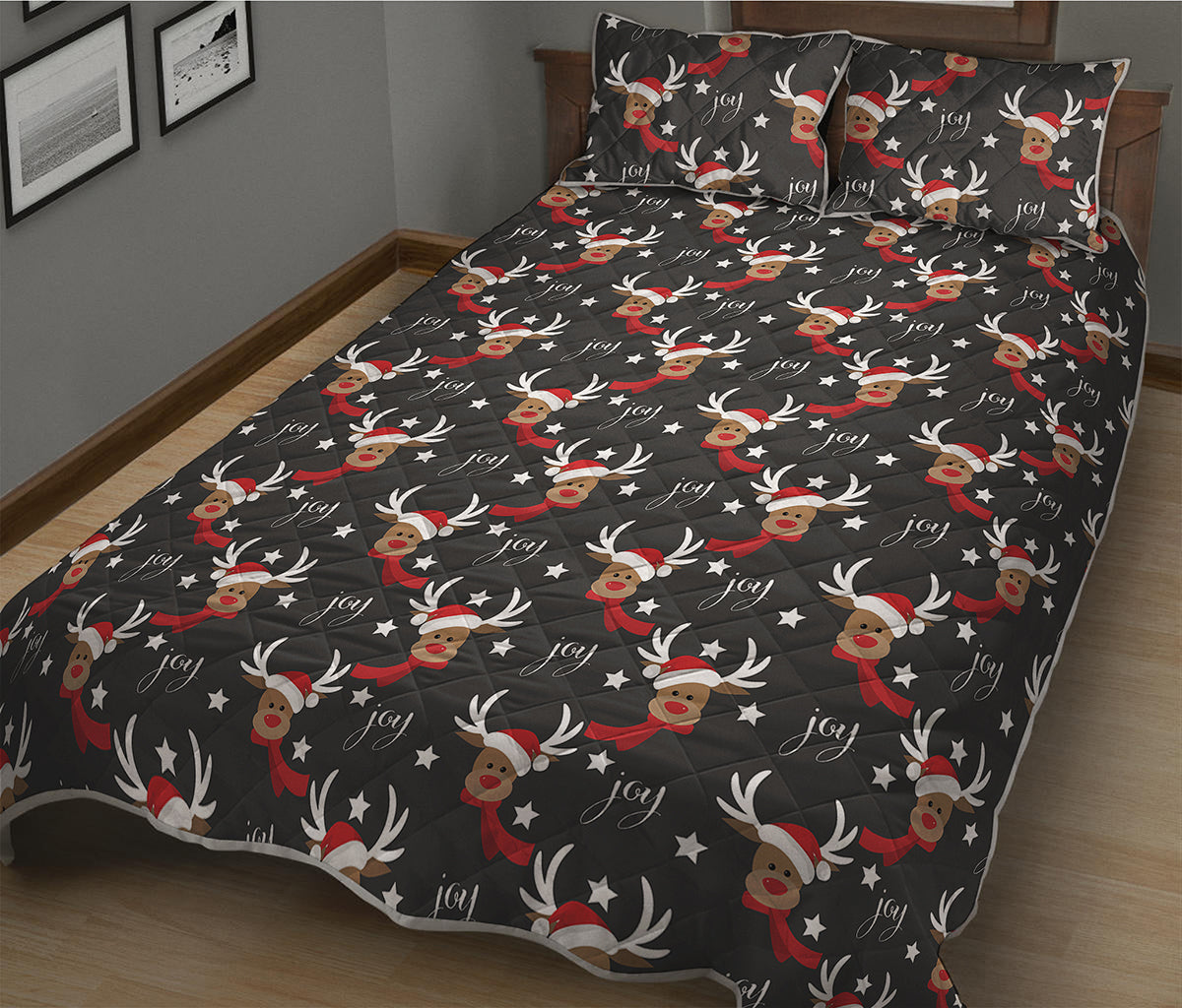 Santa Claus Deer Pattern Print Quilt Bed Set
