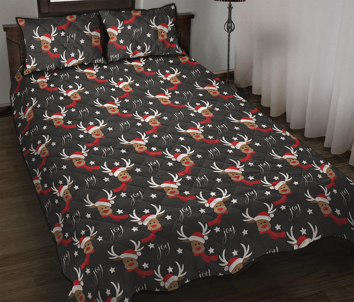 Santa Claus Deer Pattern Print Quilt Bed Set