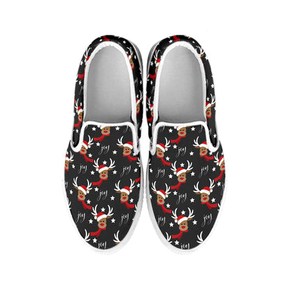 Santa Claus Deer Pattern Print White Slip On Shoes