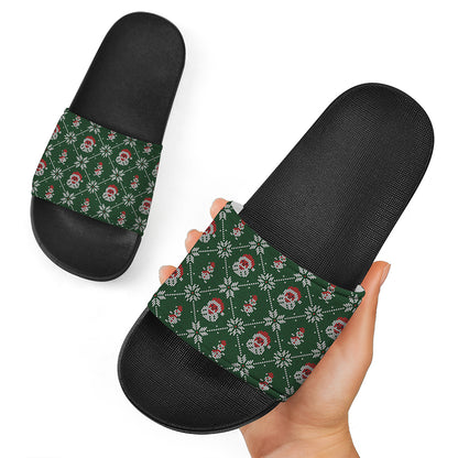Santa Claus Knitted Pattern Print Black Slide Sandals