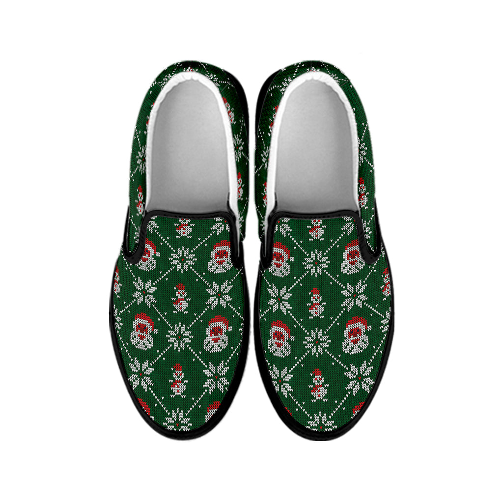 Santa Claus Knitted Pattern Print Black Slip On Shoes