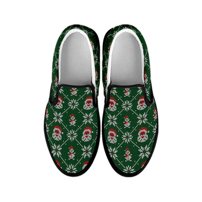Santa Claus Knitted Pattern Print Black Slip On Shoes