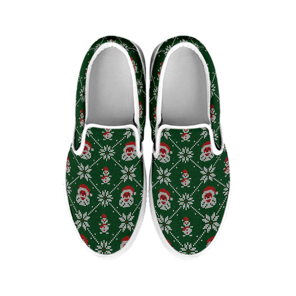 Santa Claus Knitted Pattern Print White Slip On Shoes