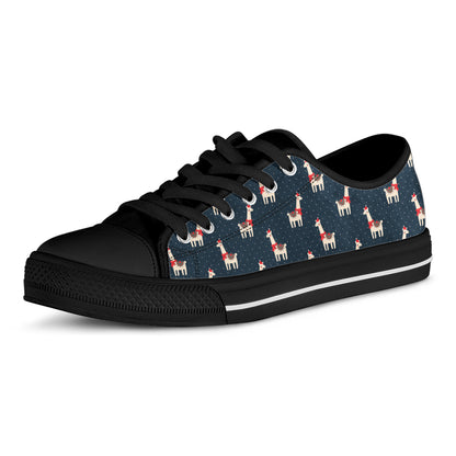 Santa Claus Llama Xmas Pattern Print Black Low Top Shoes