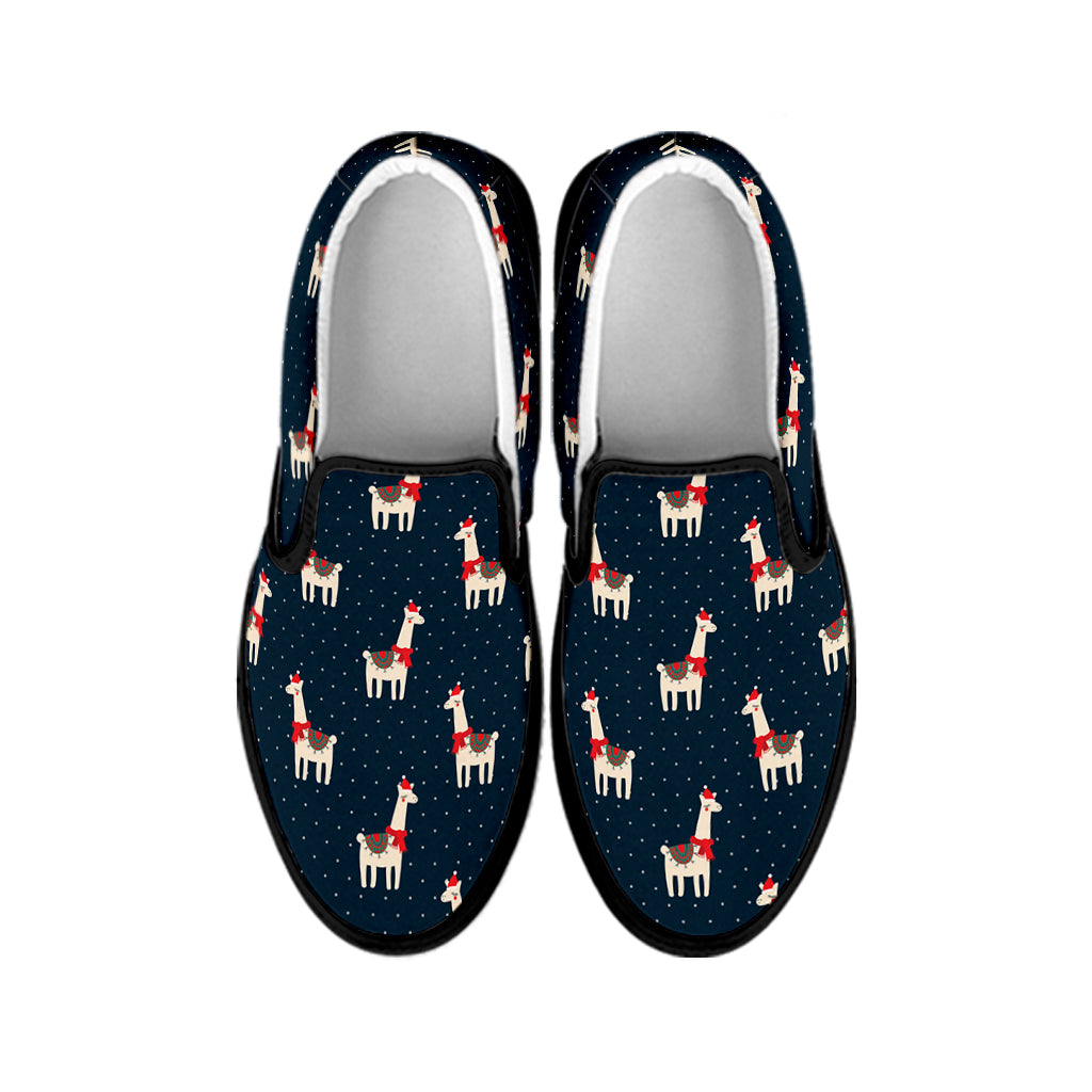 Santa Claus Llama Xmas Pattern Print Black Slip On Shoes