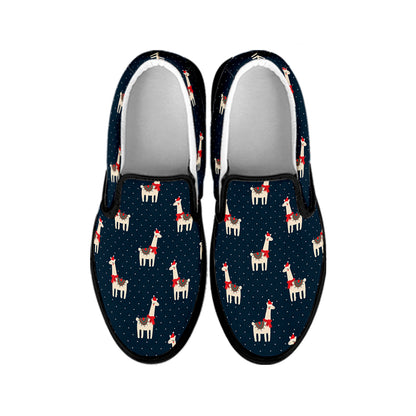 Santa Claus Llama Xmas Pattern Print Black Slip On Shoes