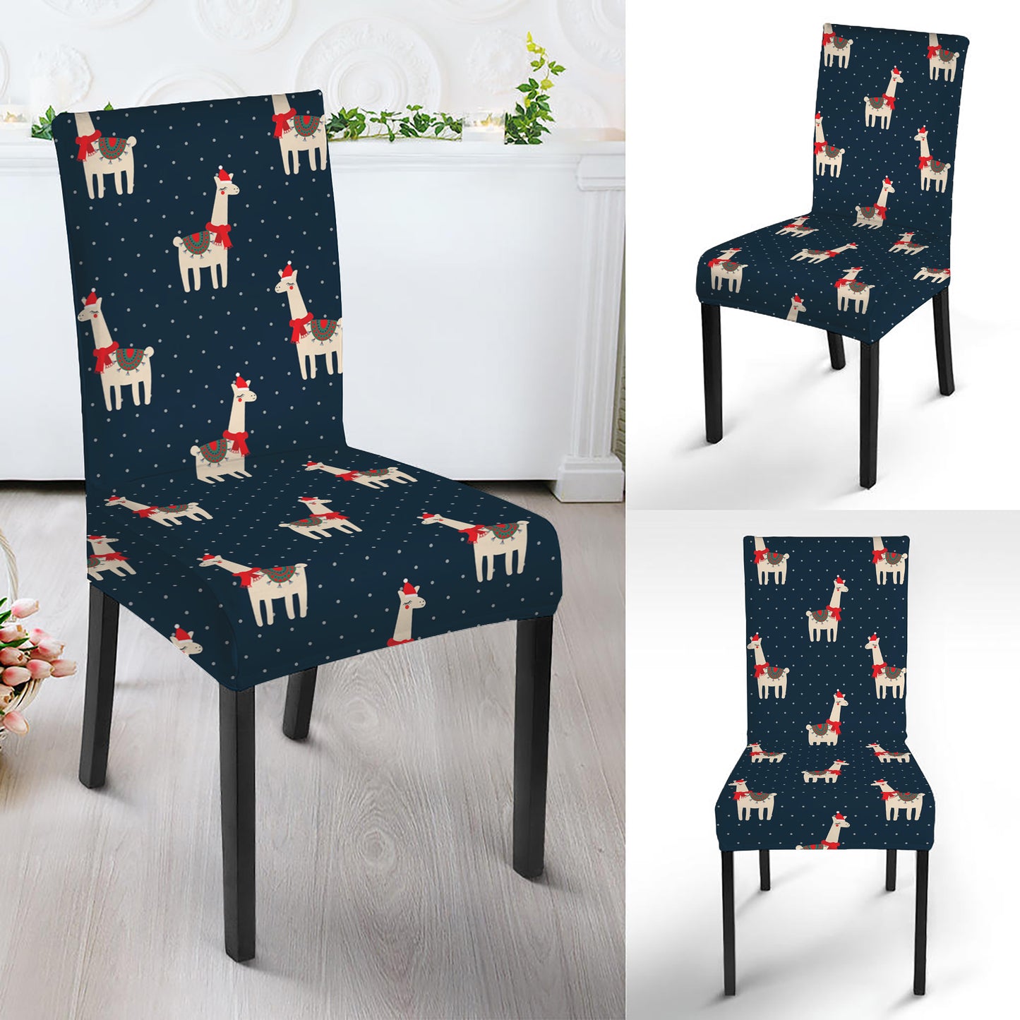 Santa Claus Llama Xmas Pattern Print Dining Chair Slipcover