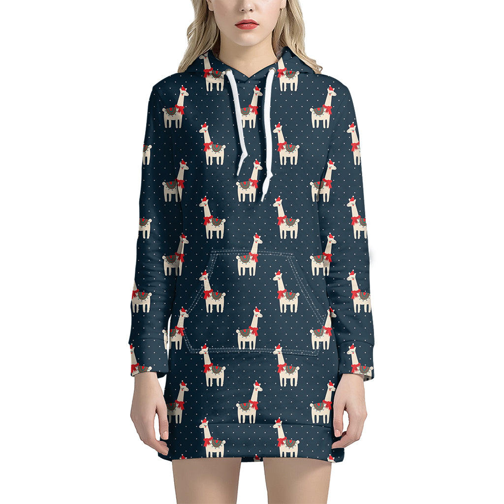 Santa Claus Llama Xmas Pattern Print Hoodie Dress