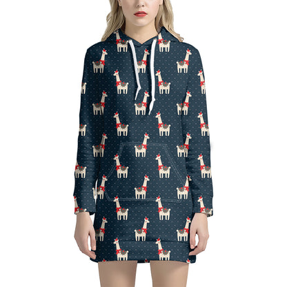 Santa Claus Llama Xmas Pattern Print Hoodie Dress