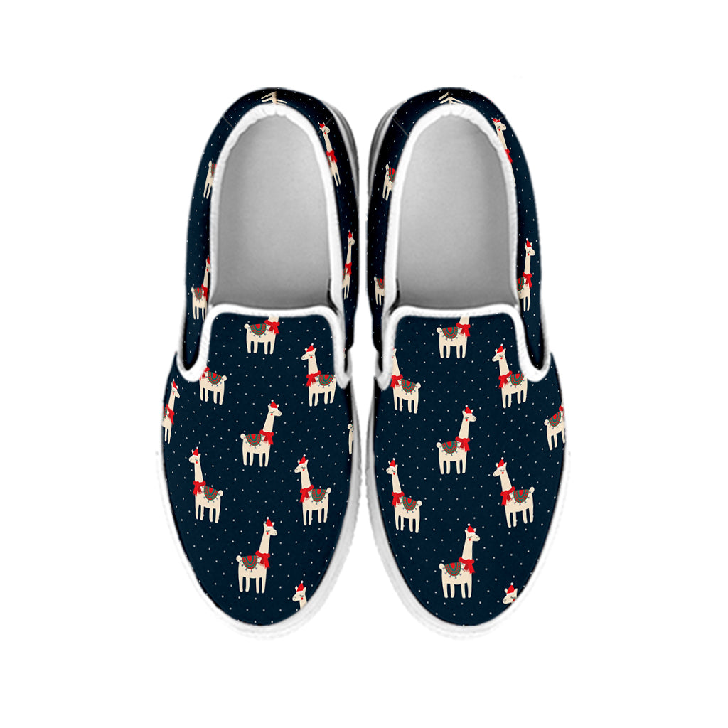 Santa Claus Llama Xmas Pattern Print White Slip On Shoes