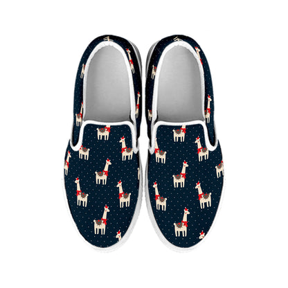 Santa Claus Llama Xmas Pattern Print White Slip On Shoes