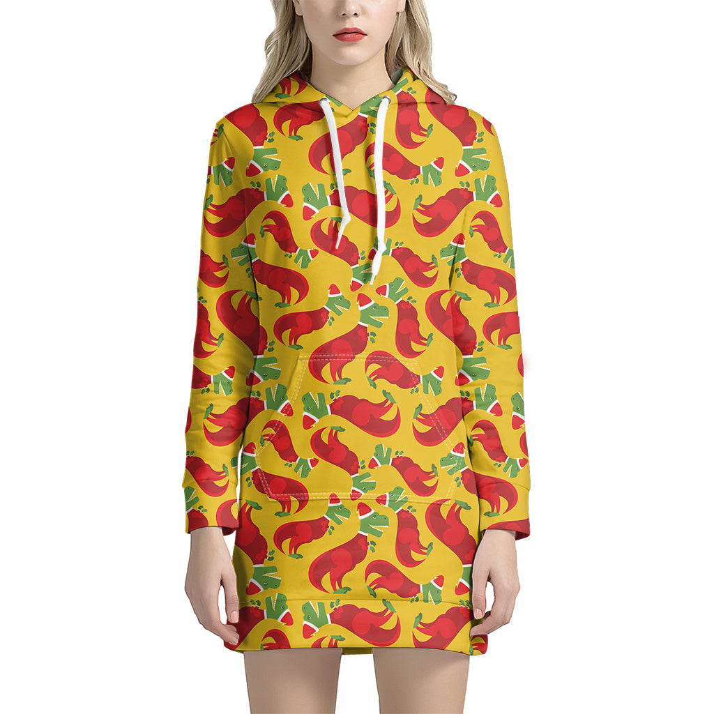 Santa Claus T-Rex Christmas Dino Print Hoodie Dress
