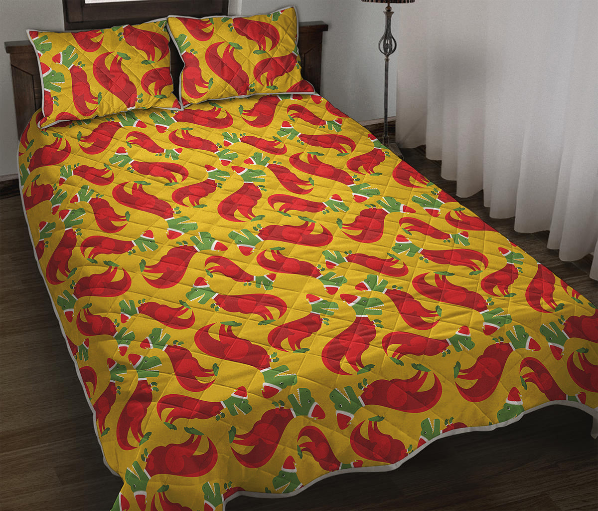 Santa Claus T-Rex Christmas Dino Print Quilt Bed Set