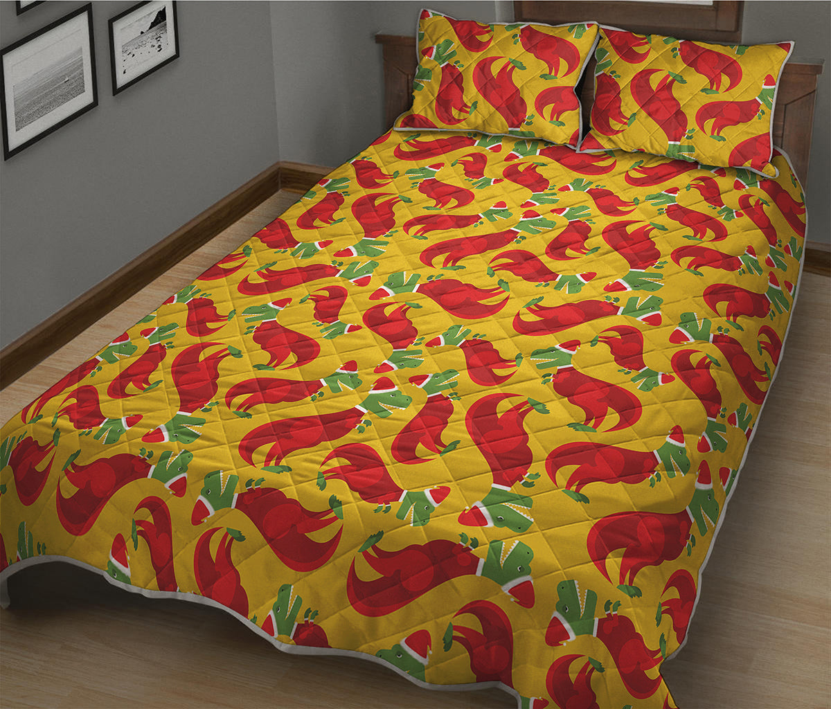 Santa Claus T-Rex Christmas Dino Print Quilt Bed Set
