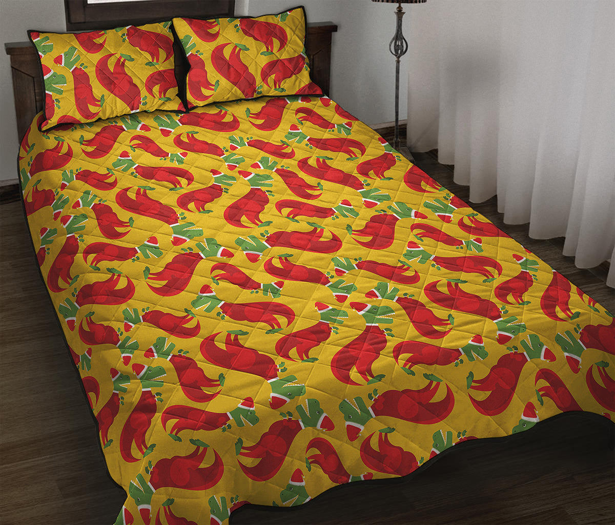 Santa Claus T-Rex Christmas Dino Print Quilt Bed Set