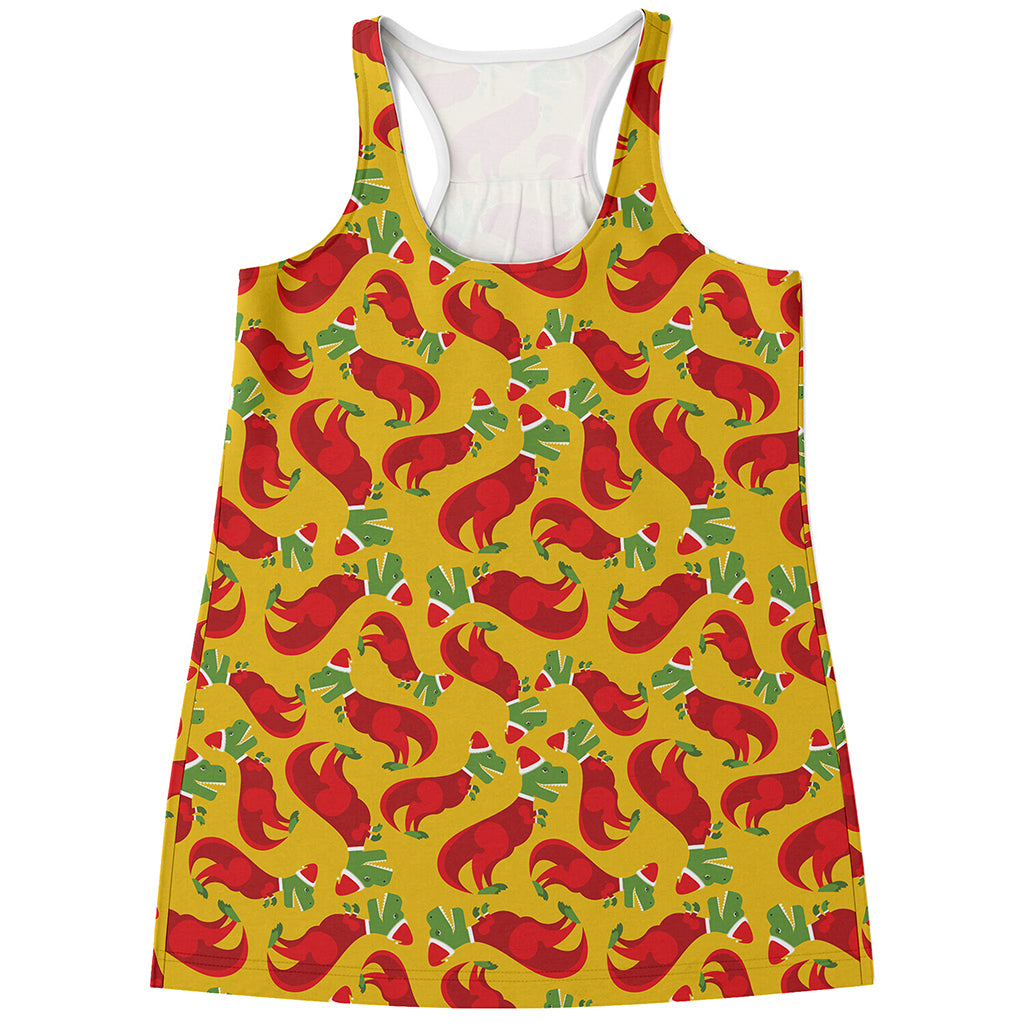 Santa Claus T-Rex Christmas Dino Print Women's Racerback Tank Top