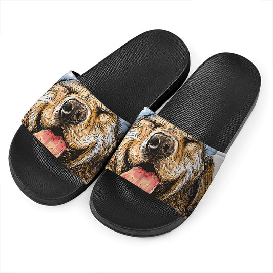 Santa Labrador Retriever Print Black Slide Sandals