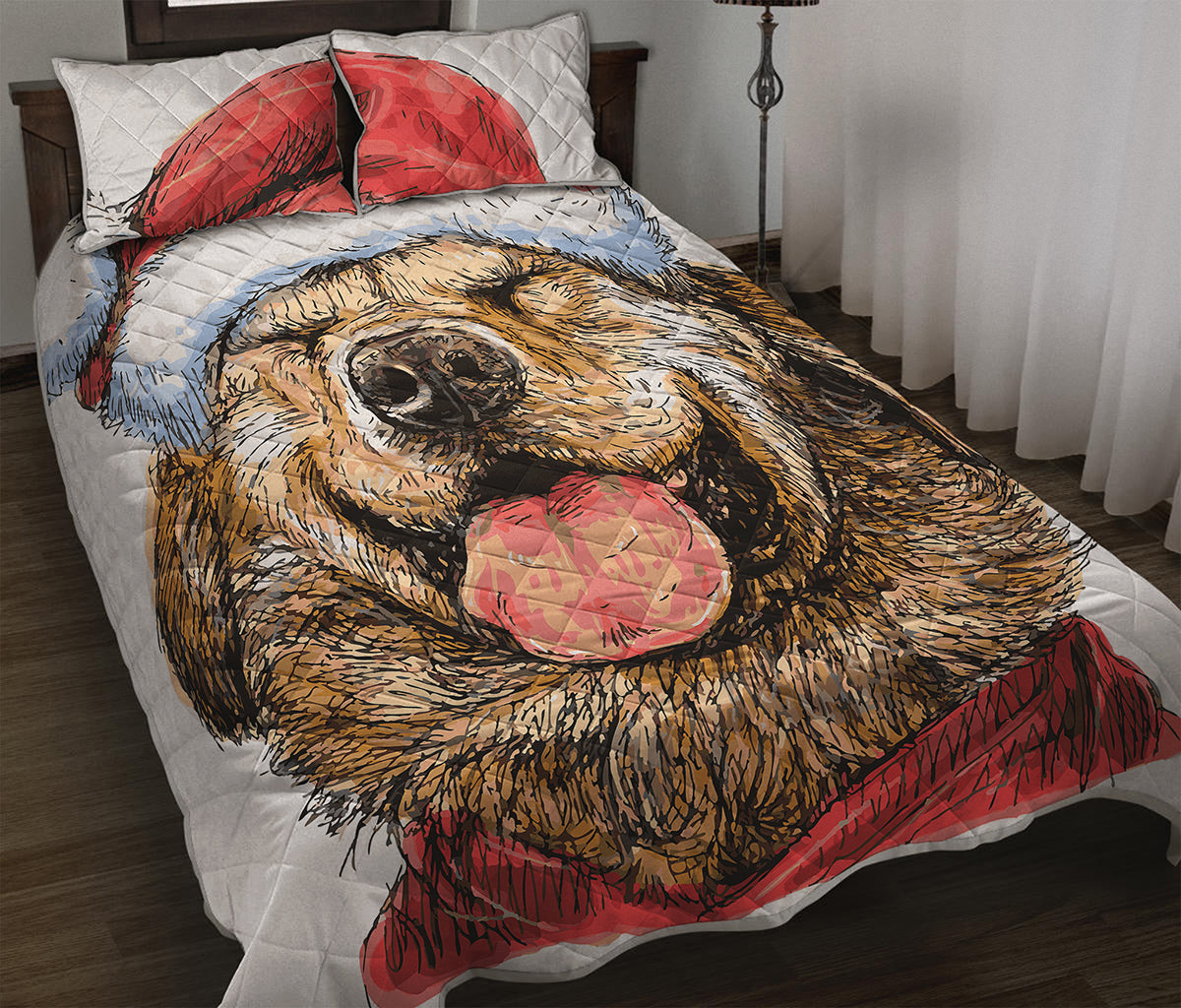 Santa Labrador Retriever Print Quilt Bed Set