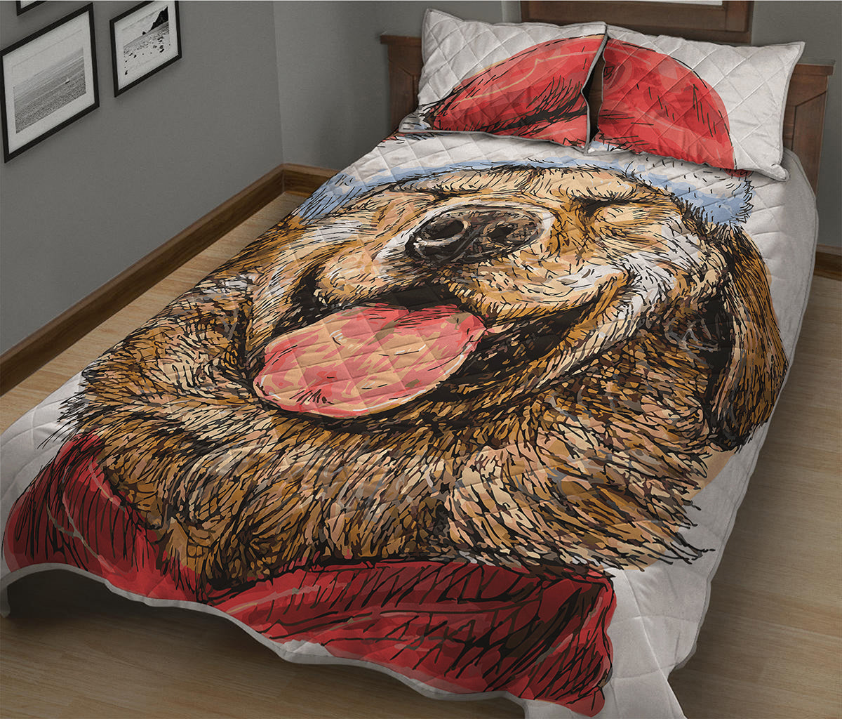 Santa Labrador Retriever Print Quilt Bed Set