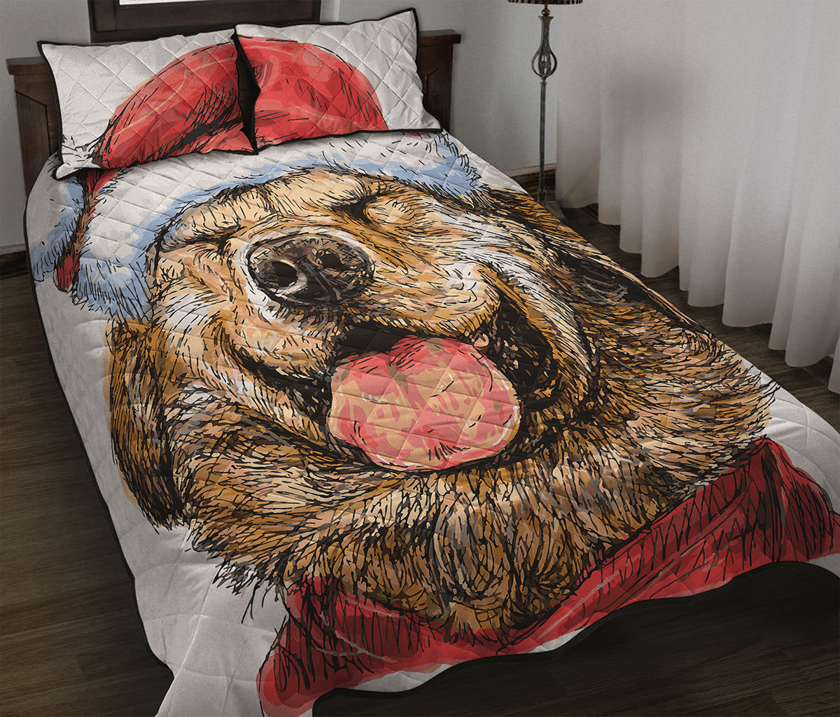 Santa Labrador Retriever Print Quilt Bed Set