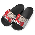Santa Shih Tzu Print Black Slide Sandals