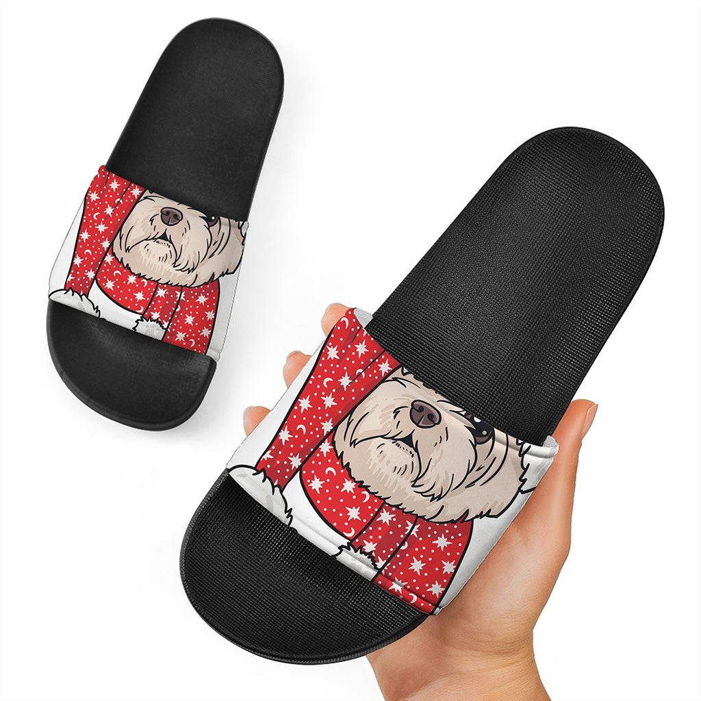 Santa Shih Tzu Print Black Slide Sandals