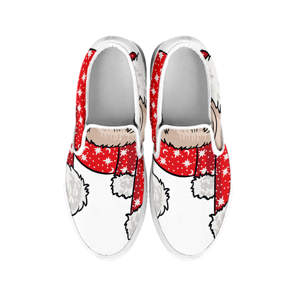 Santa Shih Tzu Print White Slip On Shoes