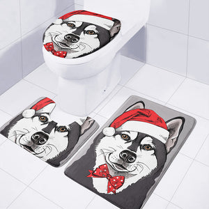 Santa Siberian Husky Print 3 Piece Bath Mat Set