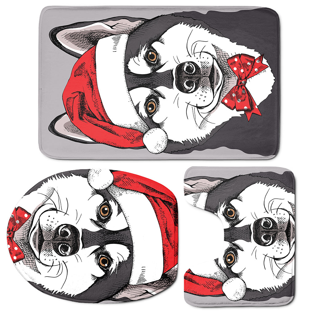 Santa Siberian Husky Print 3 Piece Bath Mat Set