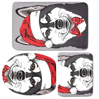 Santa Siberian Husky Print 3 Piece Bath Mat Set