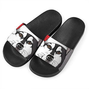 Santa Siberian Husky Print Black Slide Sandals