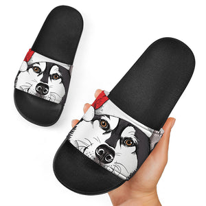 Santa Siberian Husky Print Black Slide Sandals