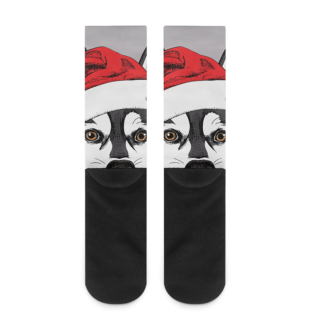 Santa Siberian Husky Print Crew Socks