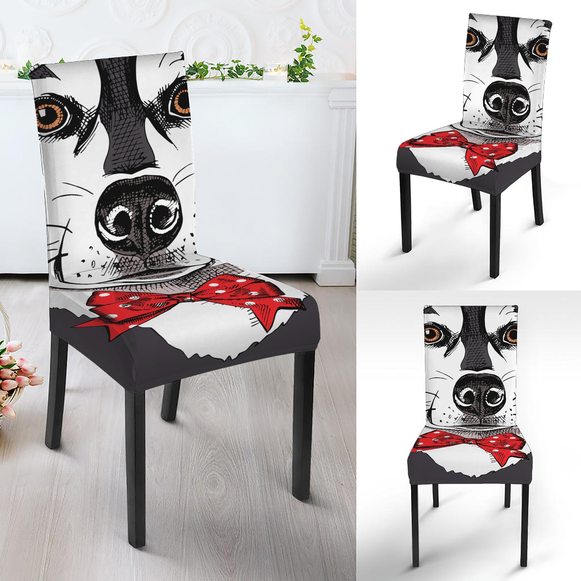 Santa Siberian Husky Print Dining Chair Slipcover