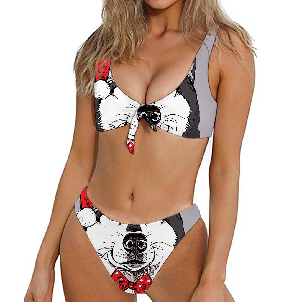 Santa Siberian Husky Print Front Bow Tie Bikini