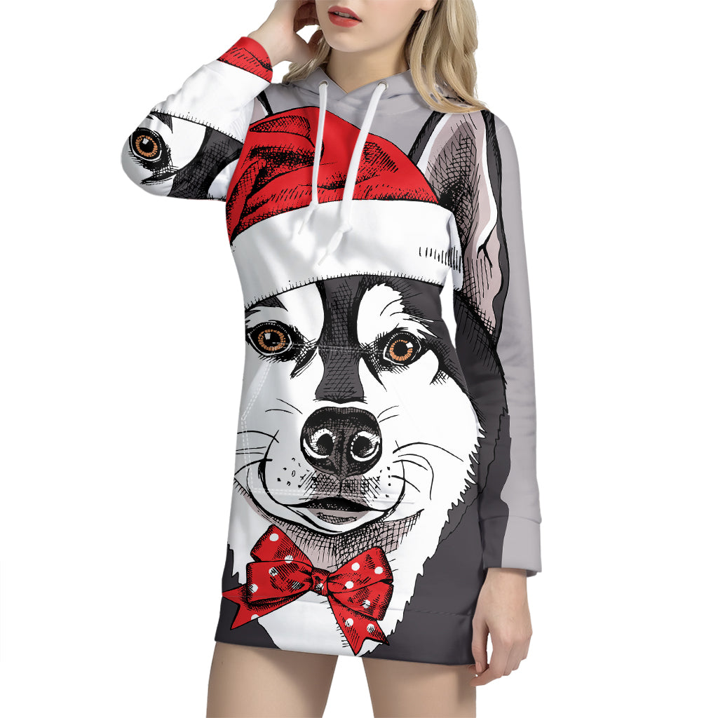 Santa Siberian Husky Print Pullover Hoodie Dress