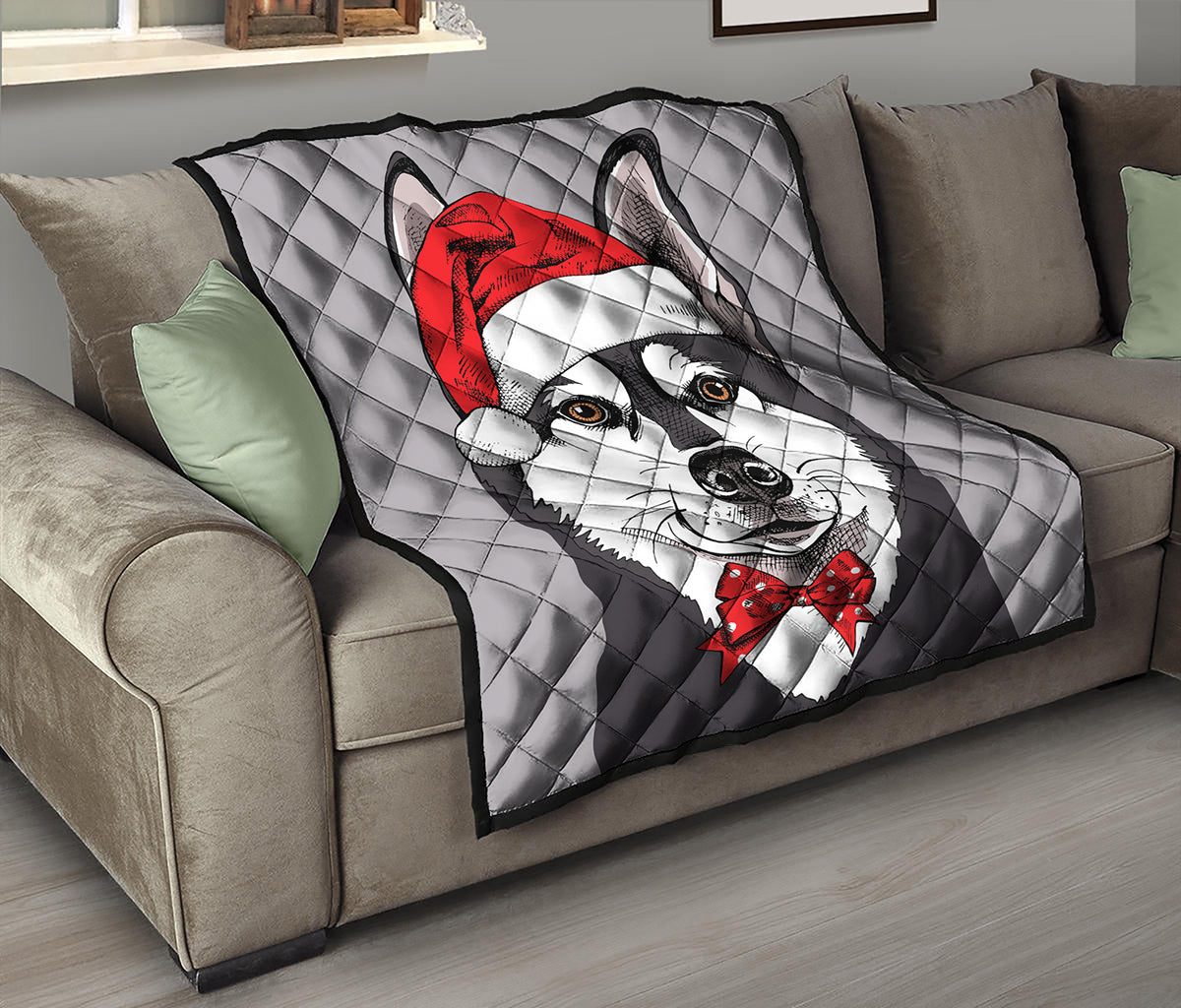 Santa Siberian Husky Print Quilt