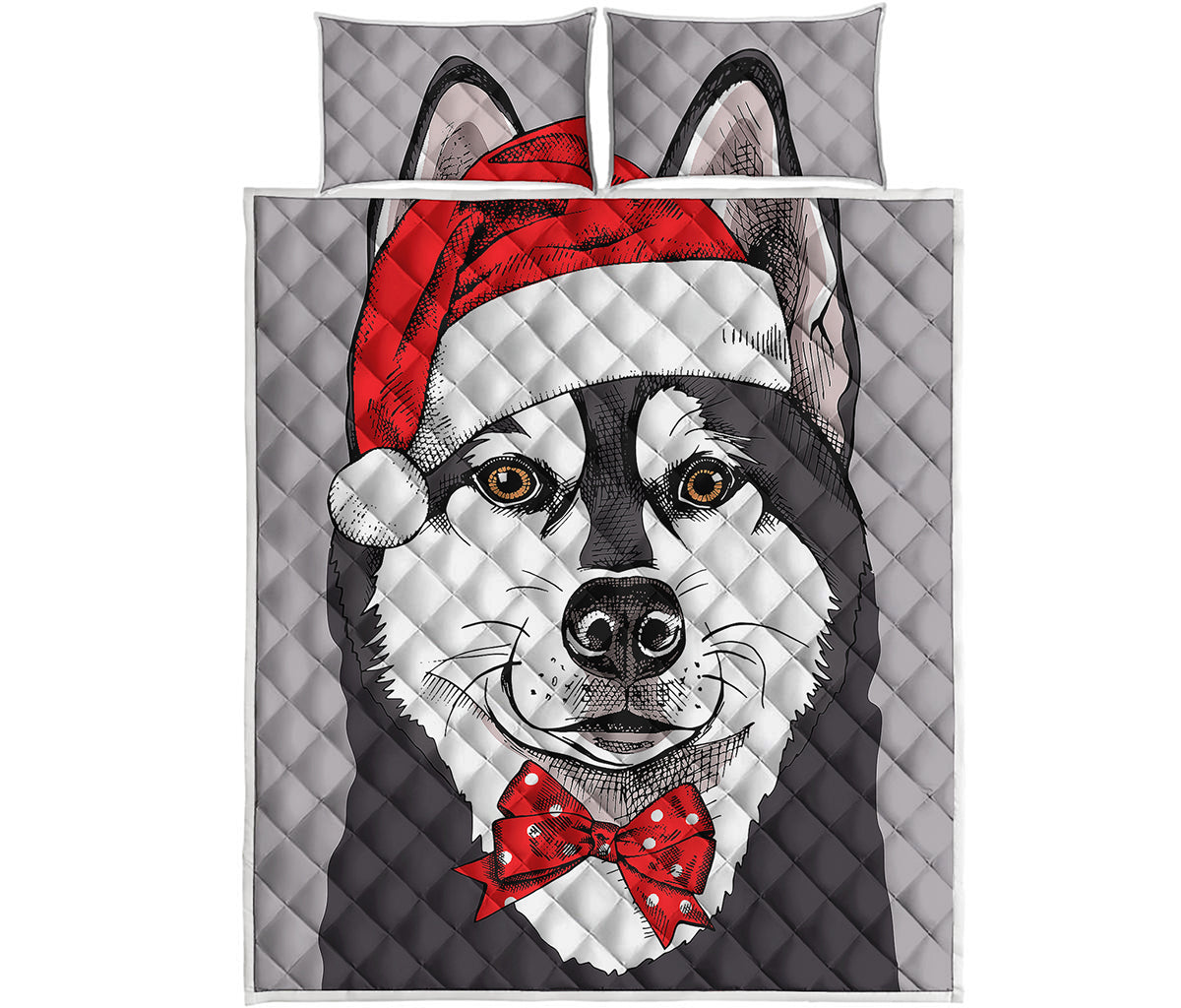 Santa Siberian Husky Print Quilt Bed Set