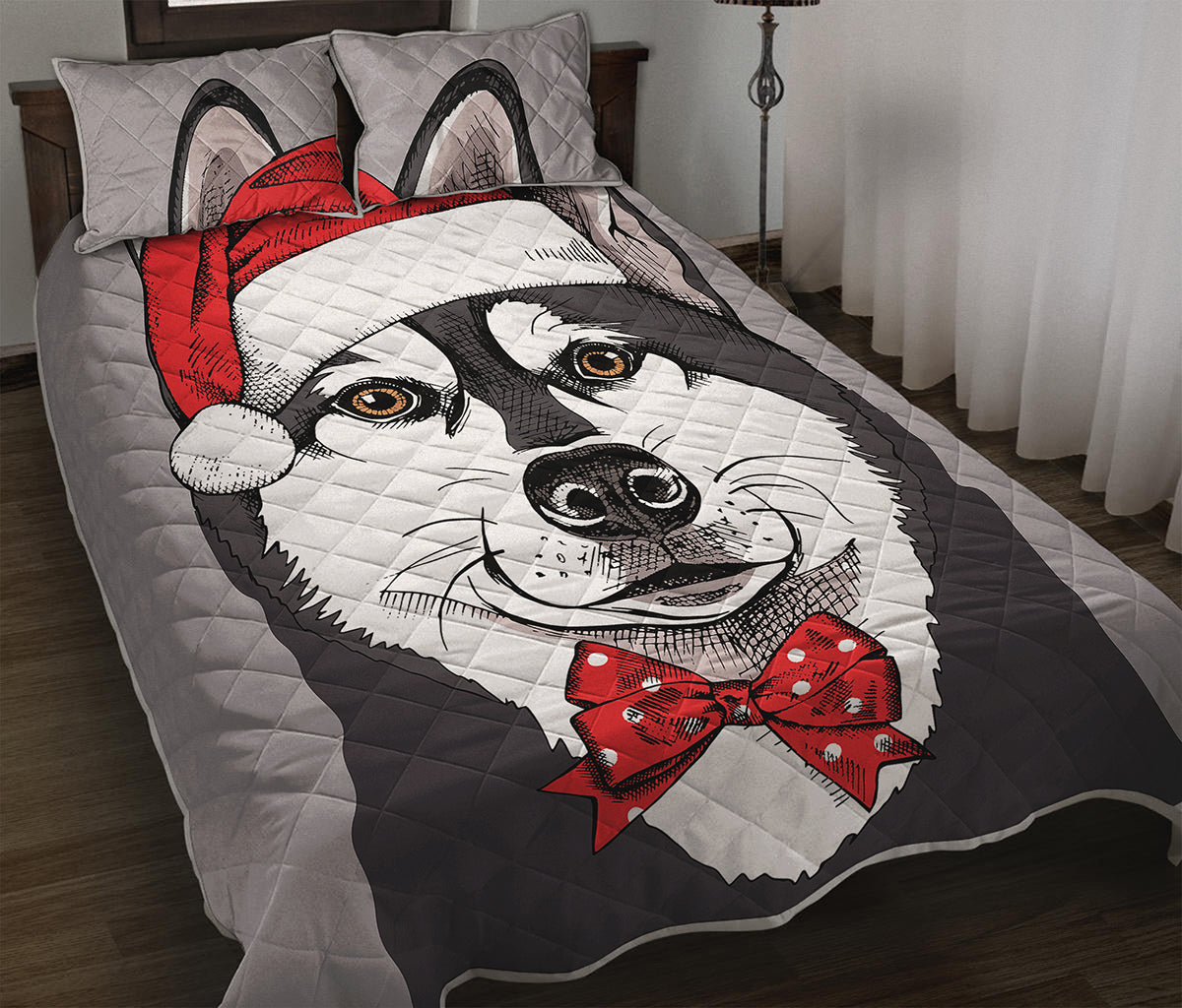 Santa Siberian Husky Print Quilt Bed Set