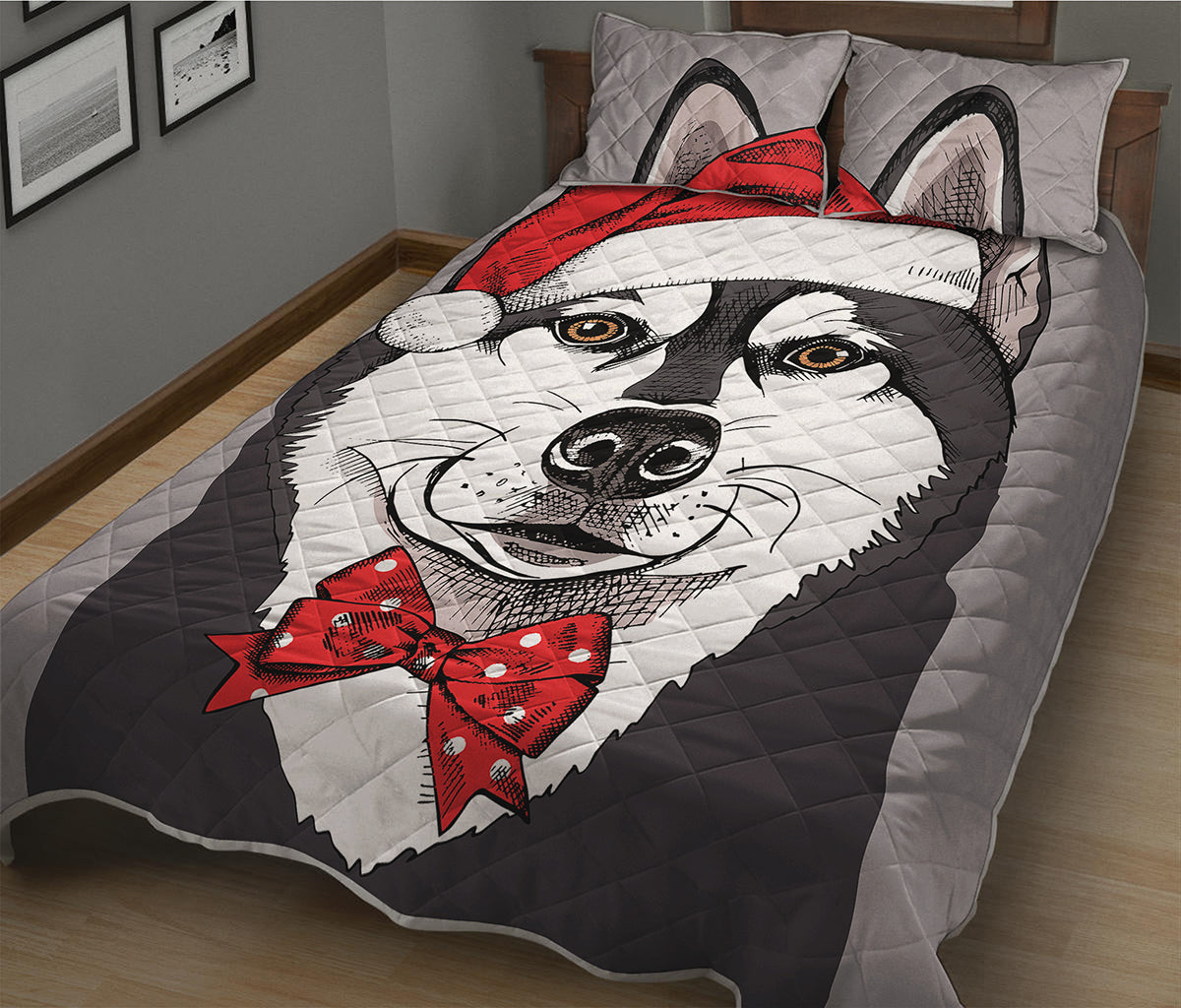 Santa Siberian Husky Print Quilt Bed Set