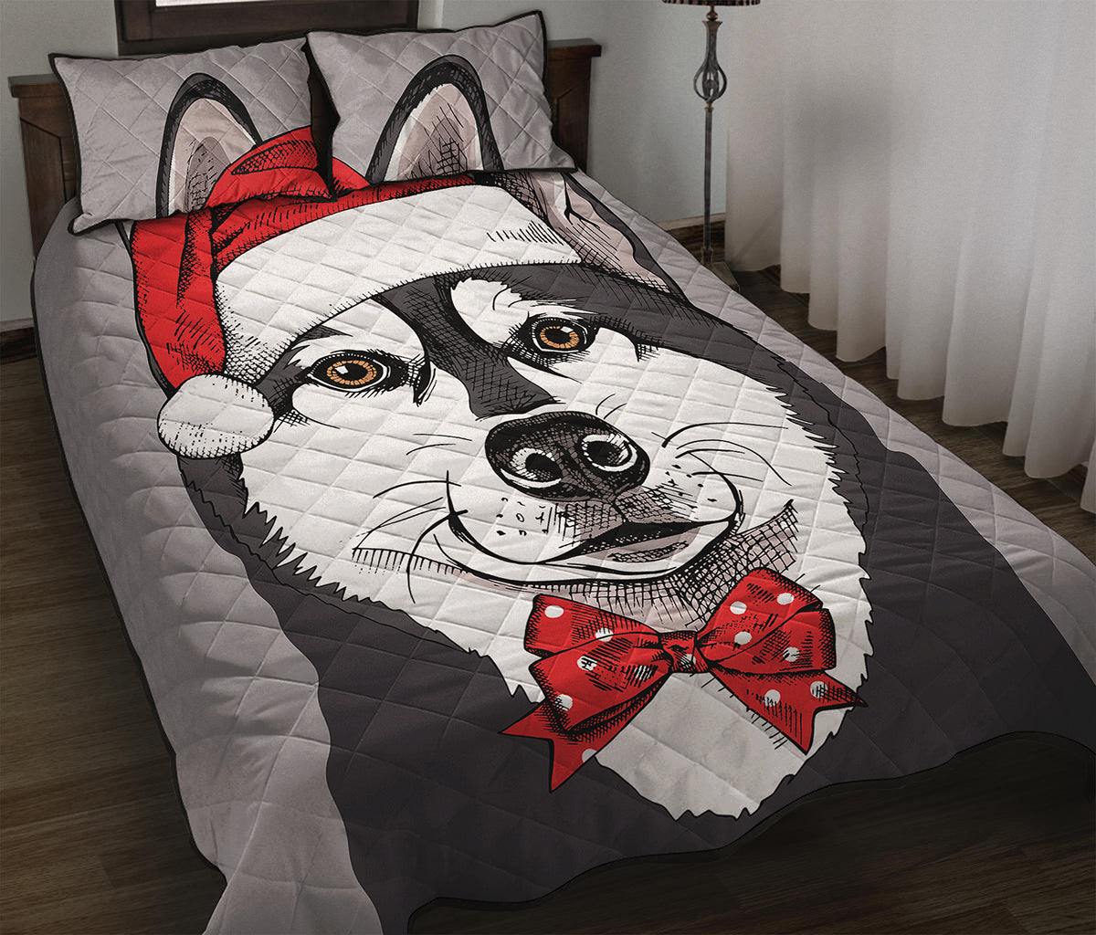 Santa Siberian Husky Print Quilt Bed Set