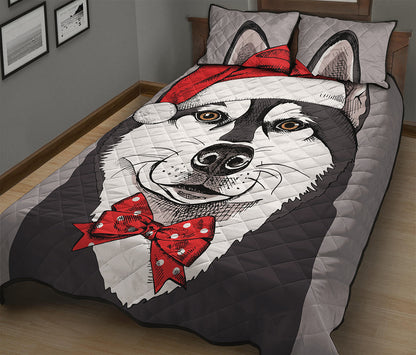 Santa Siberian Husky Print Quilt Bed Set