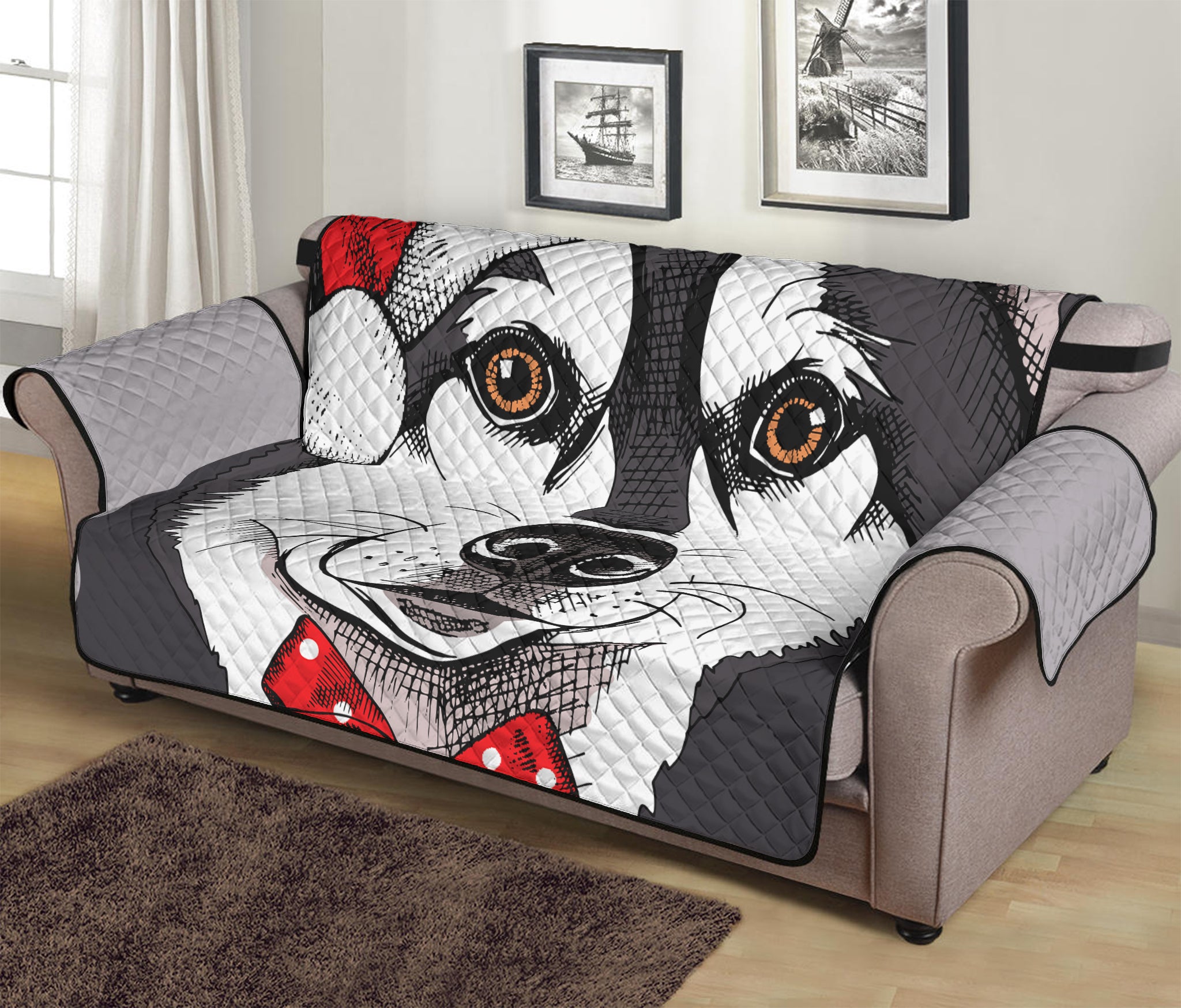 Santa Siberian Husky Print Sofa Protector