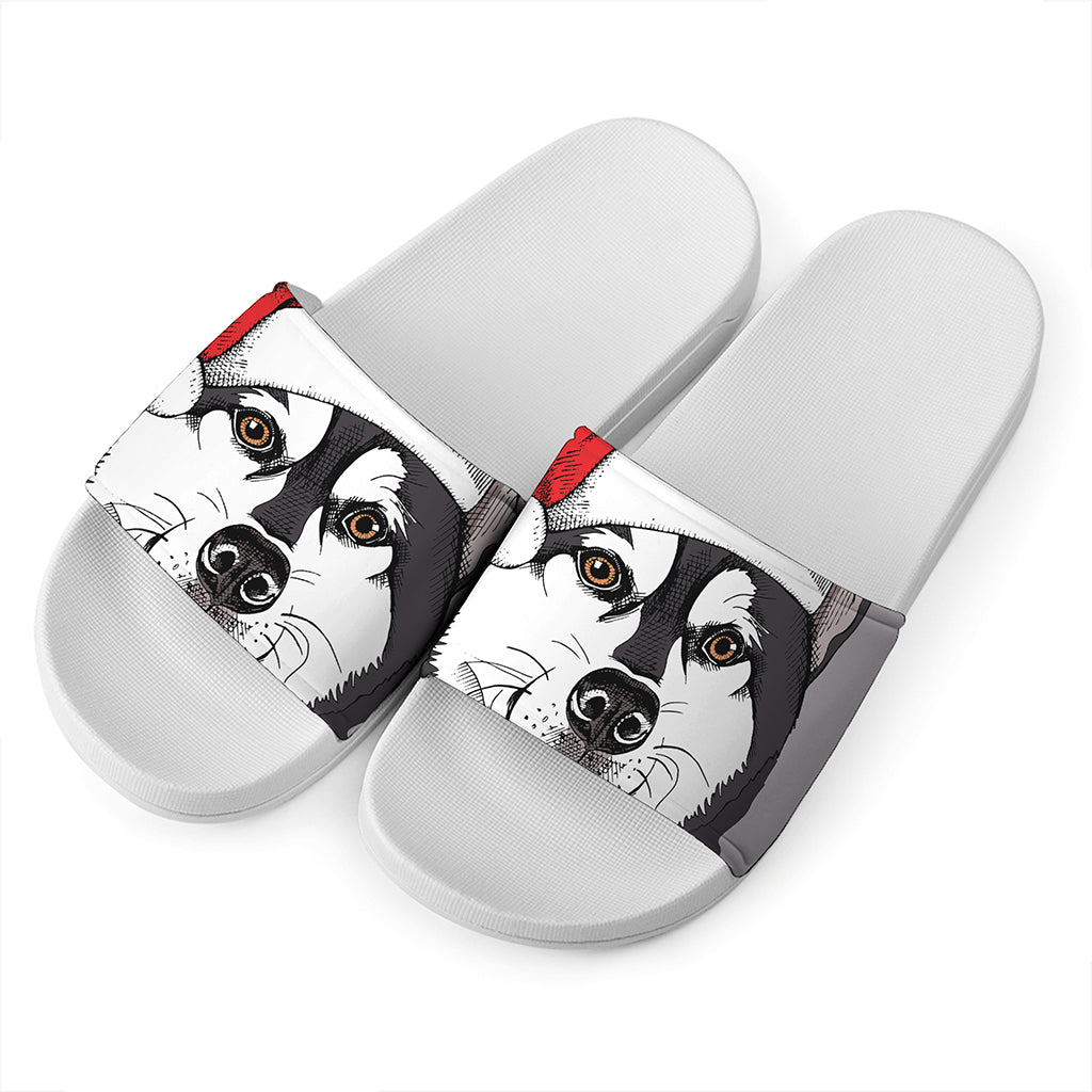 Santa Siberian Husky Print White Slide Sandals