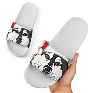 Santa Siberian Husky Print White Slide Sandals