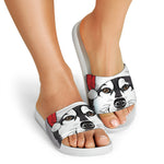 Santa Siberian Husky Print White Slide Sandals