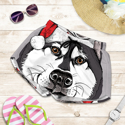 Santa Siberian Husky Print Women's Shorts