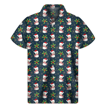 Santa Snowman Pattern Print Men's Short Sleeve Shirt