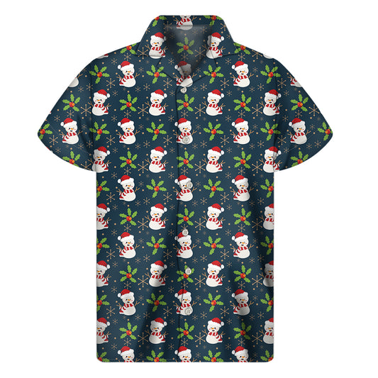 Santa Snowman Pattern Print Men's Short Sleeve Shirt
